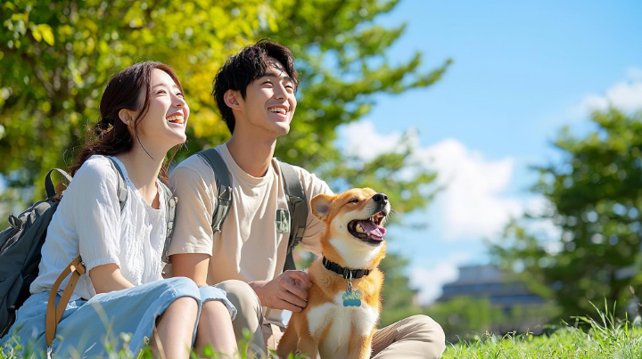 犬の散歩中にひと休みする笑顔の男女