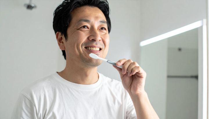 歯周病を予防するために正しい方法で歯磨きをする男性