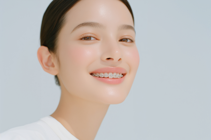 ワイヤー矯正をしている笑顔の女性