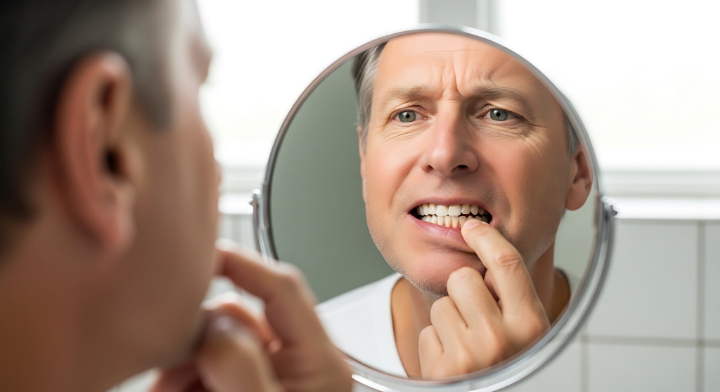 鏡を見ながらぐらつく歯を触る男性